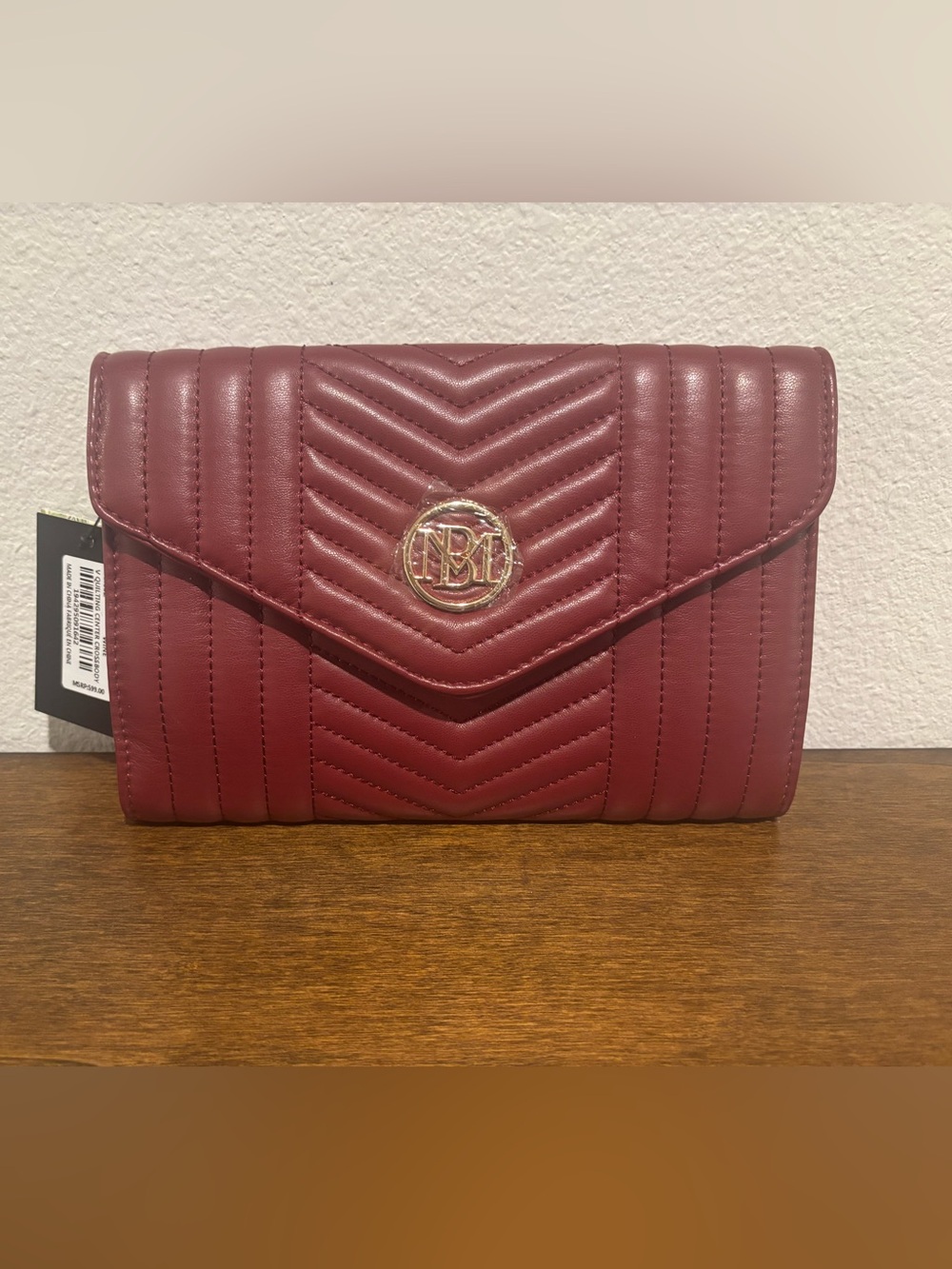 Badgley Mischka Quilted Envelope Crossbody - Burgundy with Gold Logo